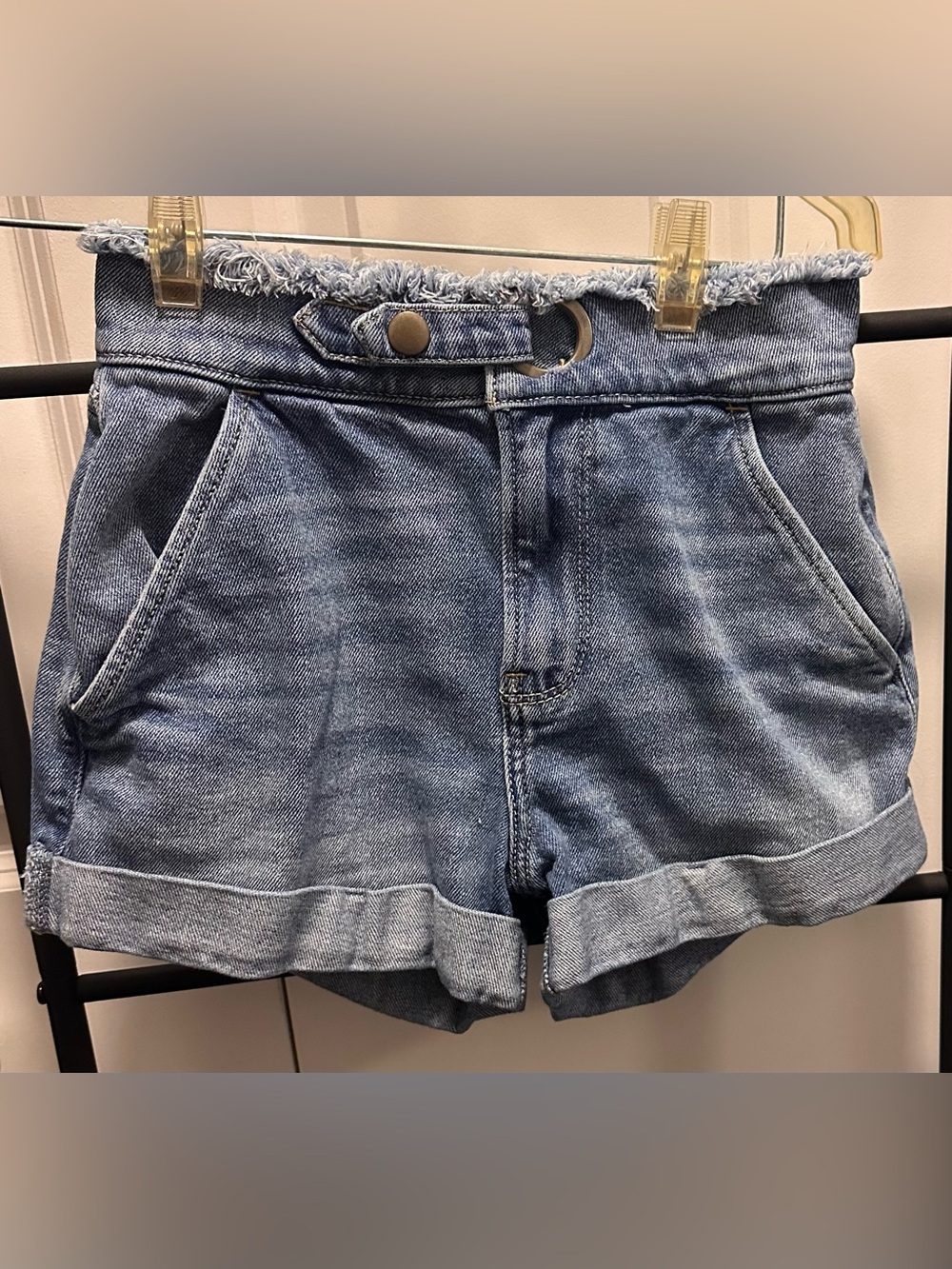 Hollister Light Blue Frayed Waist Cuffed Denim Shorts
